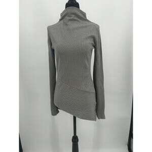 Topshop Ribbed Knit Top Women's Size 6 Grey Taupe Funnel Neck Asymmetric Hem